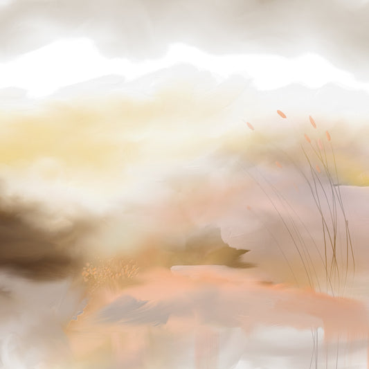 Maalauksellinen taidetapetti, jossa valkoista, vaaleanpunaista ja ruskeaa.